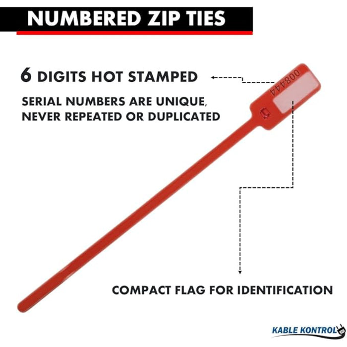 6 Inch - Serial Numbered Write On Flag Zip Tie Tags - Red - 100 Pcs