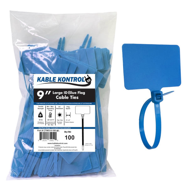 9 Inch - Write On Zip Tie Tags - (2 x 3 Inch) Flag Top - 80 Lbs Strength - 100 Pcs - Blue
