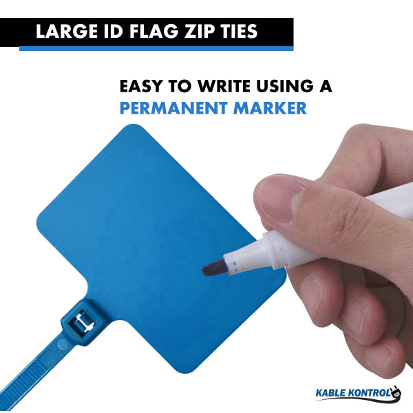 9 Inch - Write On Zip Tie Tags - (2 x 3 Inch) Flag Top - 80 Lbs Strength - 100 Pcs - Blue