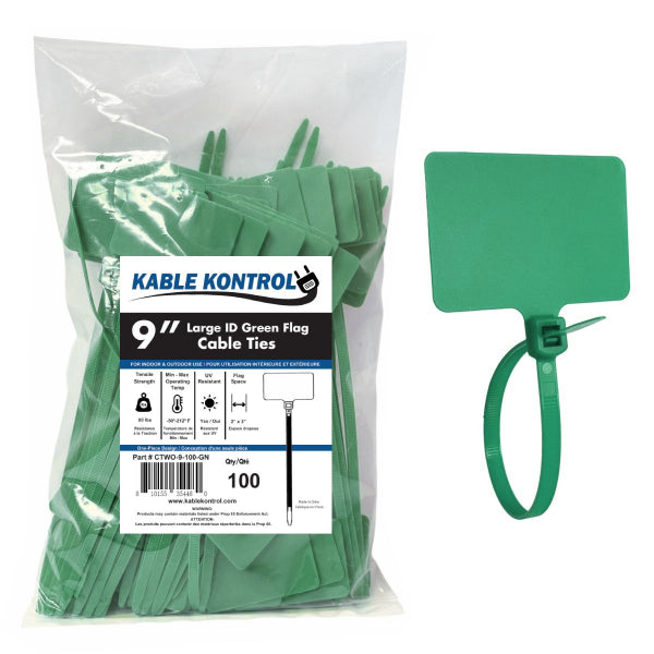 9 Inch - Write On Zip Tie Tags - (2 x 3 Inch) Flag Top - 80 Lbs Strength - 100 Pcs - Green
