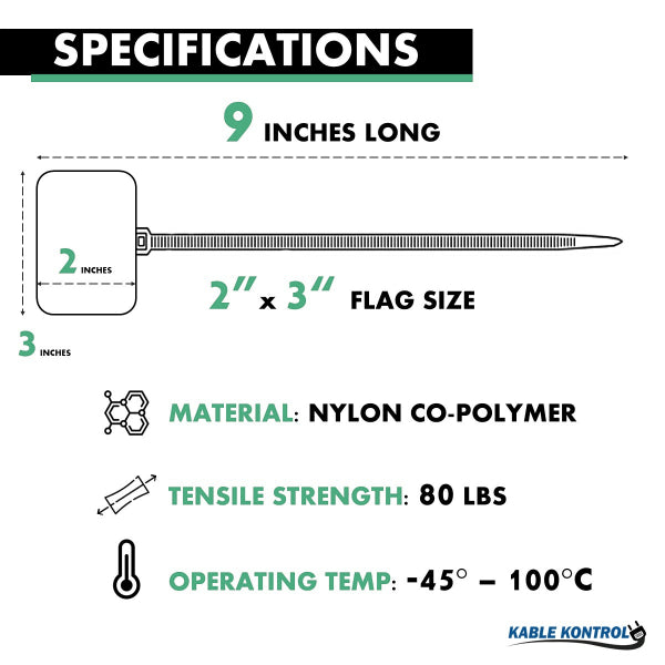 9 Inch - Write On Zip Tie Tags - (2 x 3 Inch) Flag Top - 80 Lbs Strength - 100 Pcs - Green