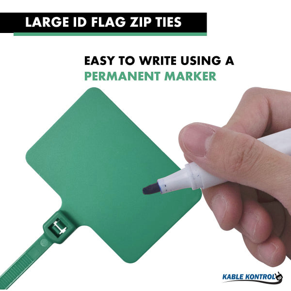 9 Inch - Write On Zip Tie Tags - (2 x 3 Inch) Flag Top - 80 Lbs Strength - 100 Pcs - Green