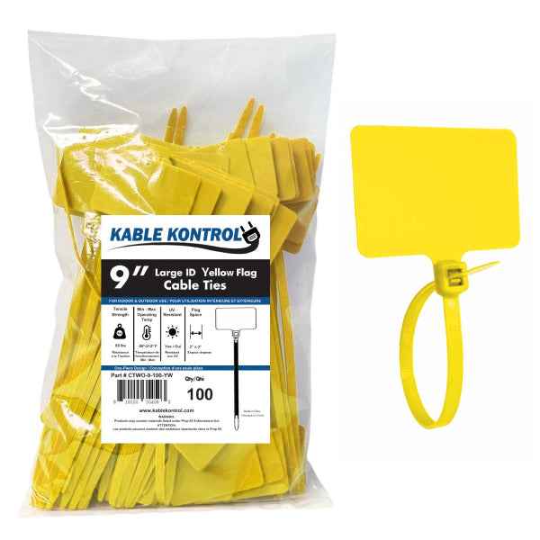 9 Inch - Write On Zip Tie Tags - (2 x 3 Inch) Flag Top - 80 Lbs Strength - 100 Pcs - Yellow