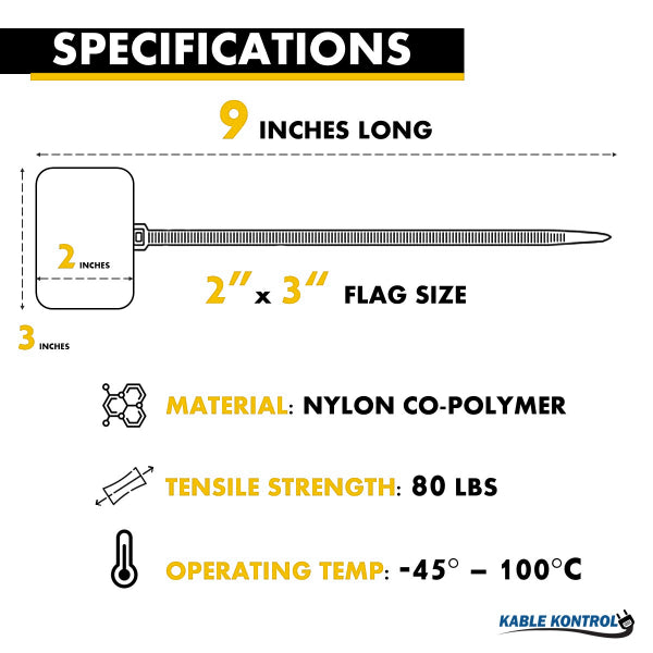 9 Inch - Write On Zip Tie Tags - (2 x 3 Inch) Flag Top - 80 Lbs Strength - 100 Pcs - Yellow