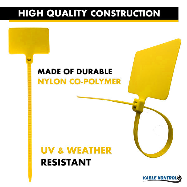 9 Inch - Write On Zip Tie Tags - (2 x 3 Inch) Flag Top - 80 Lbs Strength - 100 Pcs - Yellow