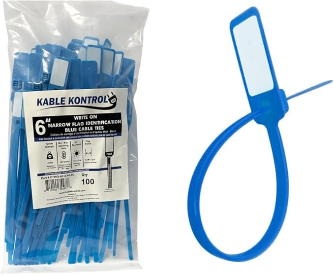 6 Inch - Write On Zip Tie Tags - (1-3/8 x 5/8 Inch) Flag Top - 40 Lbs Strength - 100 Pcs - Blue