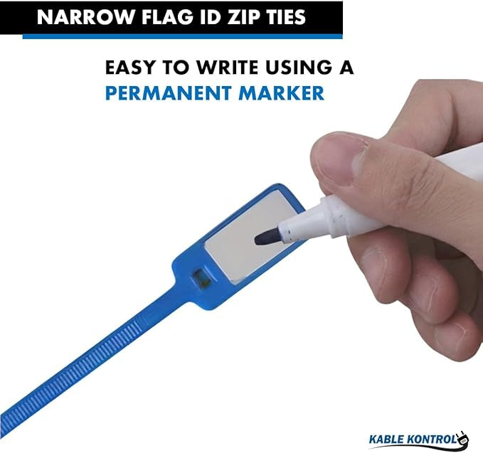 6 Inch - Write On Zip Tie Tags - (1-3/8 x 5/8 Inch) Flag Top - 40 Lbs Strength - 100 Pcs - Blue