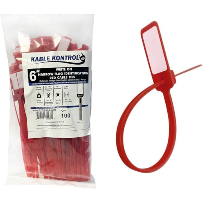 6 Inch - Write On Zip Tie Tags - (1-3/8 x 5/8 Inch)) Flag Top - 40 Lbs Strength - 100 Pcs - Red