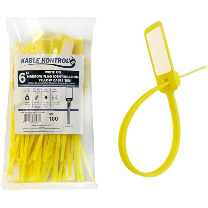 6 Inch - Write On Zip Tie Tags - (1-3/8 x 5/8 Inch) Flag Top - 40  Lbs Strength - 100 Pcs - Yellow
