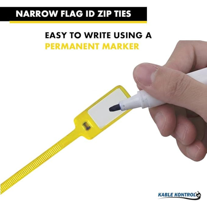 6 Inch - Write On Zip Tie Tags - (1-3/8 x 5/8 Inch) Flag Top - 40  Lbs Strength - 100 Pcs - Yellow