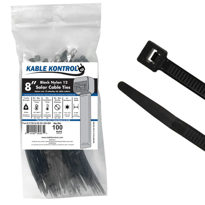 8 Inch - Nylon 12 Solar Zip Ties - 50 Lbs Strength - 100 Pcs - Black