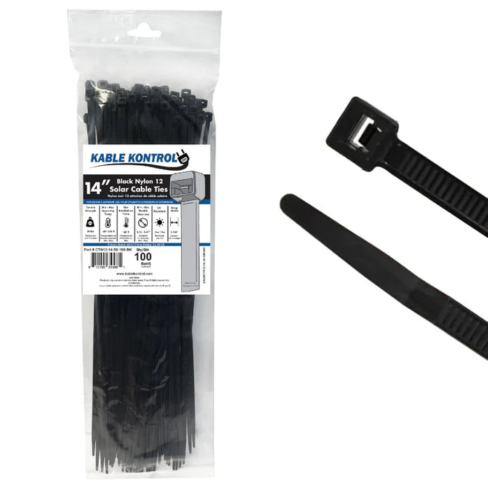14 Inch - Nylon 12 Solar Zip Ties - 50 Lbs Strength - 100 Pcs - Black