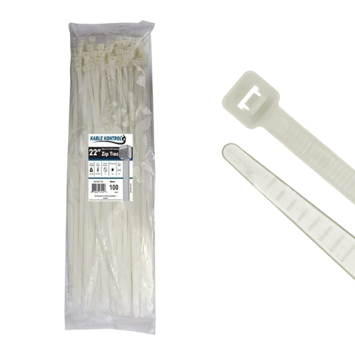 22" Inch Long - Extra Heavy Duty Nylon Zip Ties - Natural - 250 Lbs Tensile Strength - 100 Pcs Pack