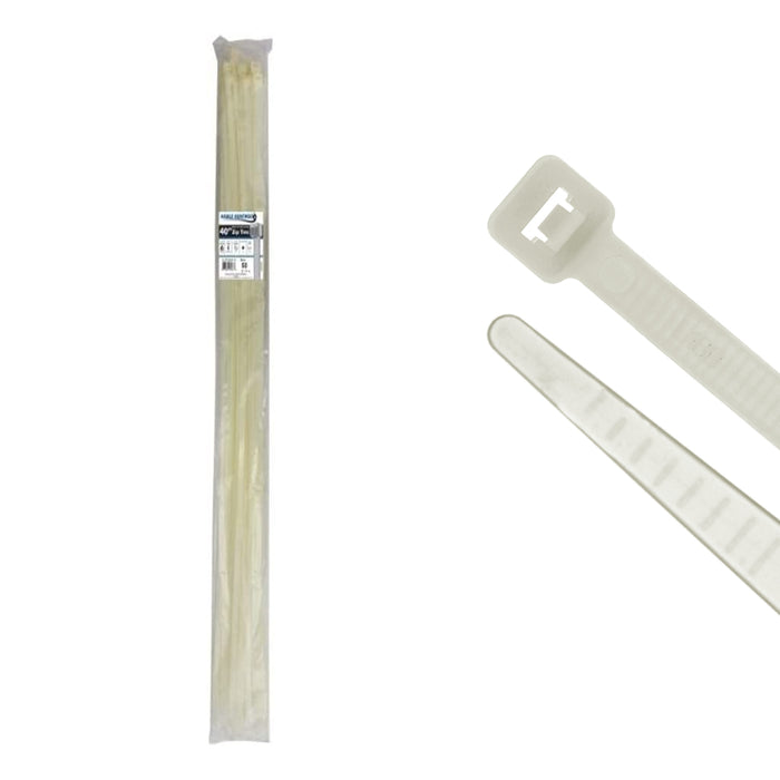 40" Inch Long - Extra Heavy Duty Nylon Zip Ties - Natural - 250 Lbs Tensile Strength - 50 Pcs Pack