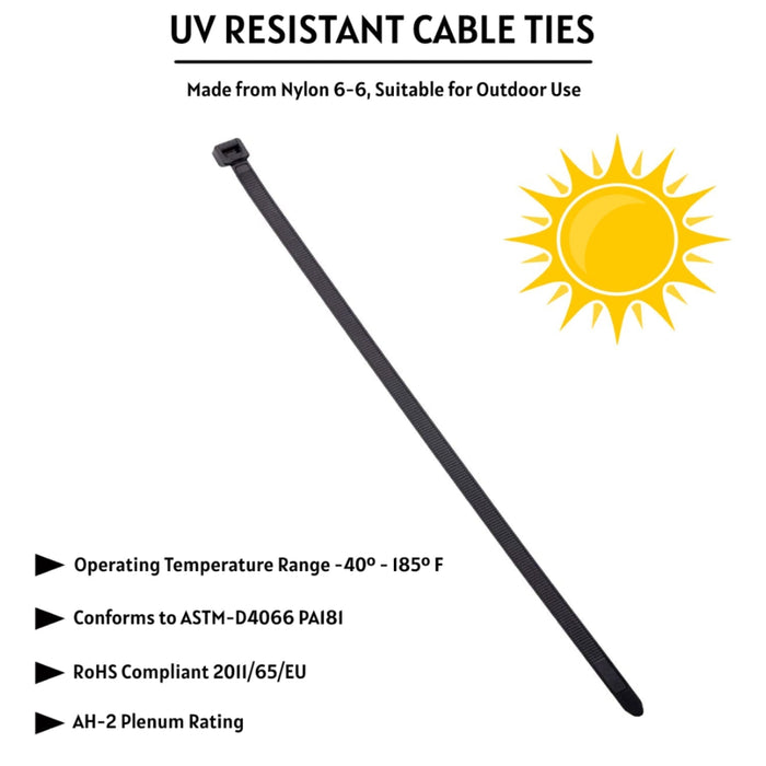 11" Inch Long - UV Resistant Nylon Zip Ties - Black - 50 Lbs Tensile Strength - 100 Pcs Pack