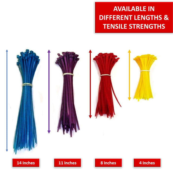 14" Inch Long - Color Cable Zip Ties - Nylon Purple - 50 Lbs Tensile Strength - 100 Pcs Pack