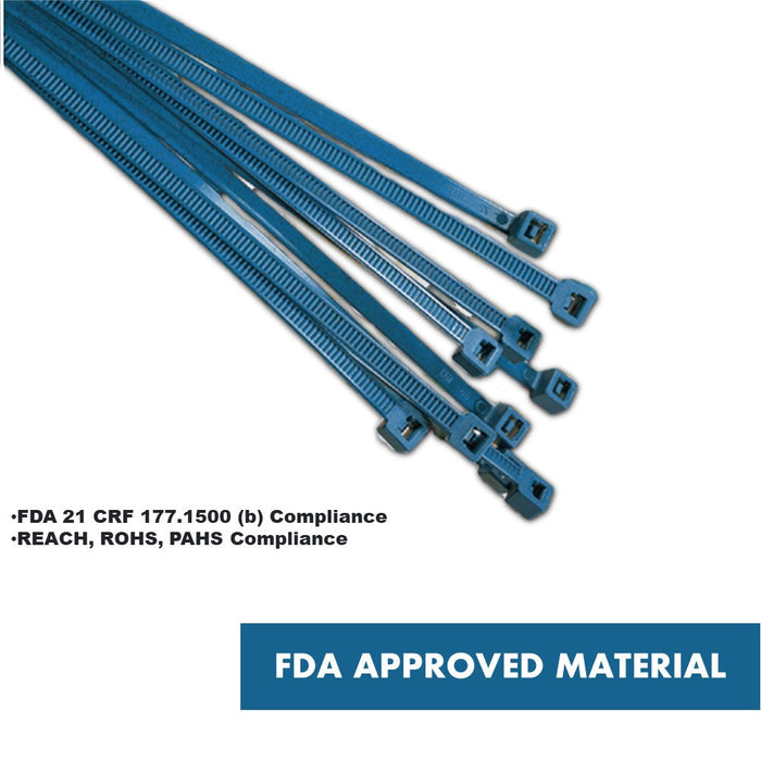 8" Inch Long - Metal Detectable Zip Ties - Blue - 50 Lbs Tensile Strength - 100 Pcs Pack