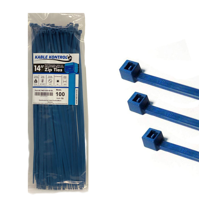 14" Inch Long - Metal Detectable Cable Zip Ties - Blue - 50 Lbs Tensile Strength - 100 Pcs Pack