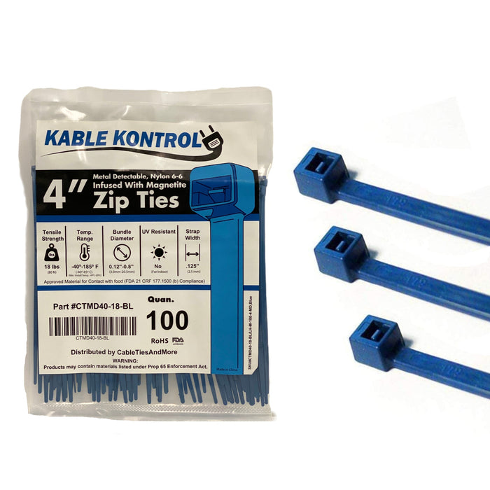4" Inch Long - Metal Detectable Cable Zip Ties - Blue - 18 Lbs Tensile Strength - 100 Pcs Pack