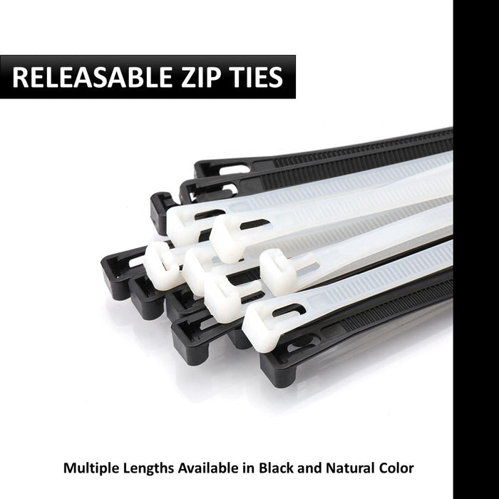 8" Inch Long - Releasable Reusable Cable Zip Ties - Black - 50 Lbs Tensile Strength - 100 Pcs Pack