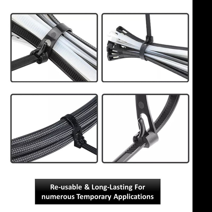 11" Inch Long - Releasable Reusable Zip Ties - Black - 50 Lbs Tensile Strength - 100 Pcs Pack