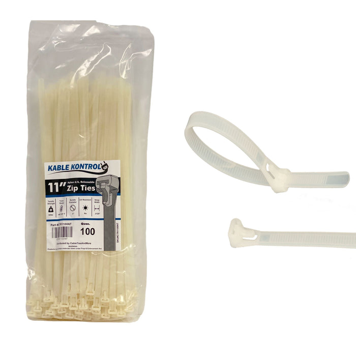 11" Inch Long - Releasable Reusable Cable Zip Ties - Natural - 50 Lbs Tensile Strength - 100 Pcs Pack