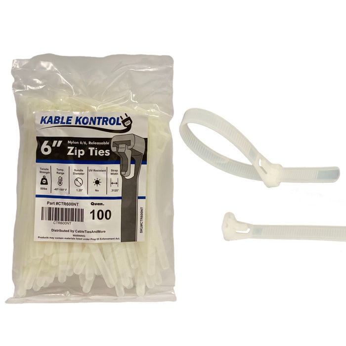 6" Inch Long - Releasable Reusable Cable Zip Ties - Natural - 50 Lbs Tensile Strength - 100 Pcs Pack