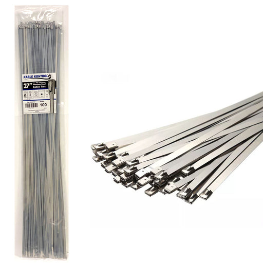 Kable Kontrol® Stainless Steel Metal Zip Ties 27" Inch - 200 Lbs Tensile Strength - 100 Pcs Pack