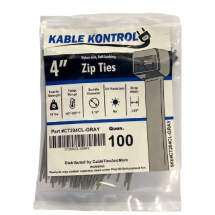 4" Inch Long - Color Cable Zip Ties - Nylon Gray - 18 Lbs Tensile Strength - 100 Pcs Pack