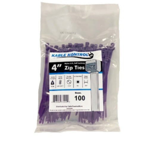 4" Inch Long - Color Cable Zip Ties - Nylon Purple - 18 Lbs Tensile Strength - 100 Pcs Pack