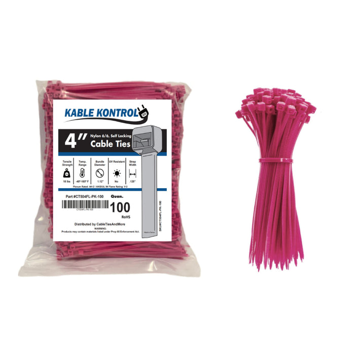 4 Inch Zip Ties - 18 lbs Test - 100 pc pack - Fluorescent Pink Nylon