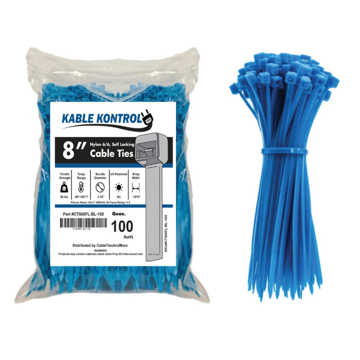8" Inch Long - Color Cable Zip Ties - Nylon Fluorescent Blue - 50 Lbs Tensile Strength - 100 Pcs Pack