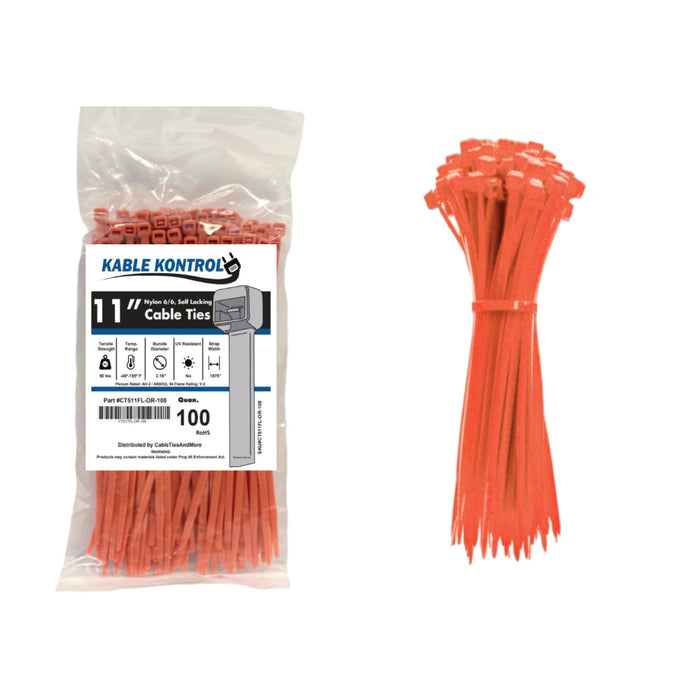 11" Inch Long - Color Cable Zip Ties - Nylon Fluorescent Orange - 50 Lbs Tensile Strength - 100 Pcs Pack