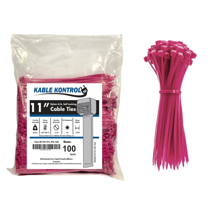 11" Inch Long - Color Zip Ties - Nylon Fluorescent Pink - 50 Lbs Tensile Strength - 100 Pcs Pack