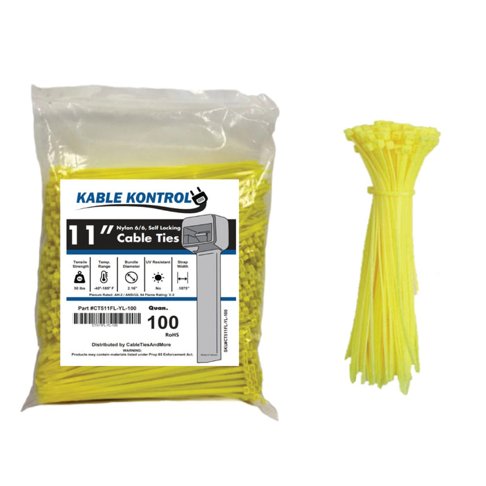 11" Inch Long - Color Cable Zip Ties - Nylon Fluorescent Yellow - 50 Lbs Tensile Strength - 100 Pcs Pack