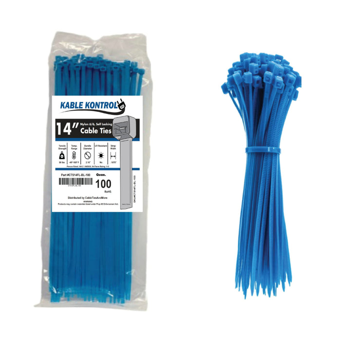 14" Inch Long - Color Cable Zip Ties - Nylon Fluorescent Blue - 50 Lbs Tensile Strength - 100 Pcs Pack