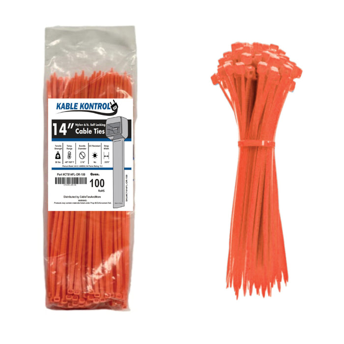 14" Inch Long - Color Cable Zip Ties - Nylon Fluorescent Orange - 50 Lbs Tensile Strength - 100 Pcs Pack