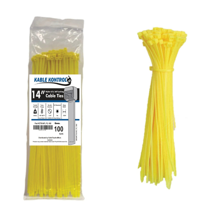 14" Inch Long - Color Zip Ties - Nylon Fluorescent Yellow - 50 Lbs Tensile Strength - 100 Pcs Pack