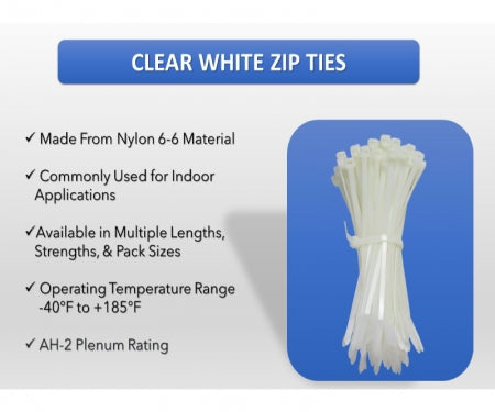 8" Inch Long - Nylon Zip Ties - Natural - 50 Lbs Tensile Strength - 100 Pcs Pack