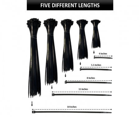 Assorted Size Cable Zip Ties Kit - UV Resistant Nylon - Black - 500 Pcs Pack